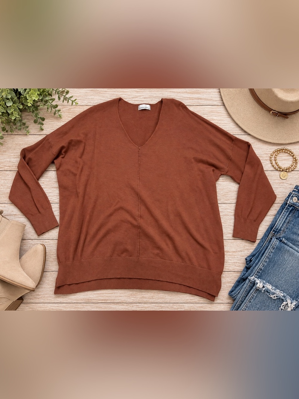 Zenana Brown  V-Neck Oversized Lightweight Knit Sweater 2X/3X